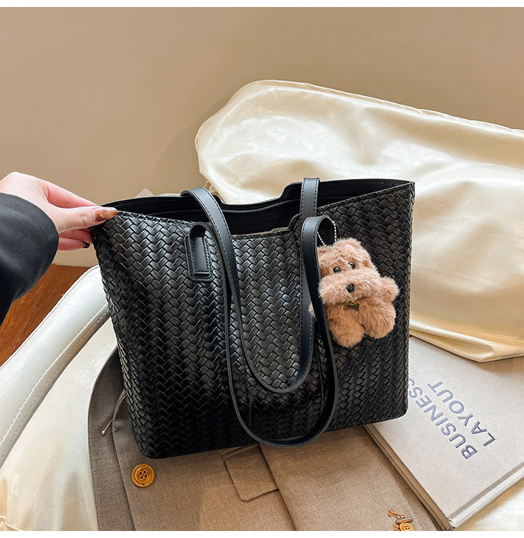 Woven Leather Shoulder Tote Bag Bowlift