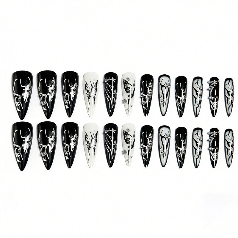 Artificial nail set with elegant geometric designs and creative metallic accents Bowlift