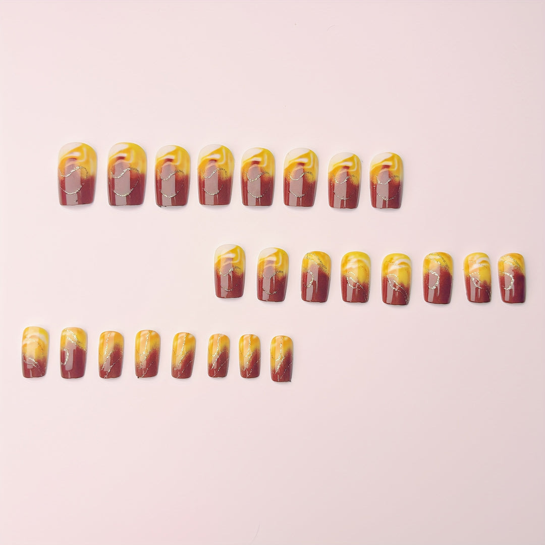 Artificial Nail Set with Marbled Design and Gold Accents Bowlift