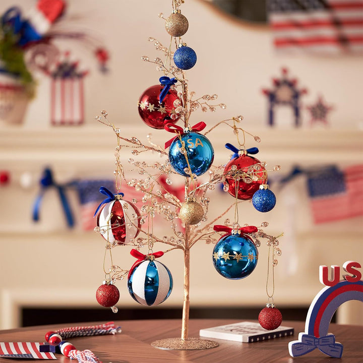 Unisex nan Christmas tree ornaments set in Americana style with glitter decoration and satin ribbon, shatterproof plastic ornaments Bowlift