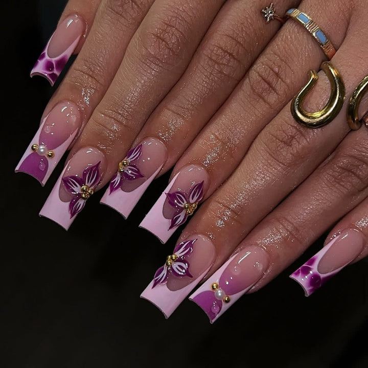 Artistic Nail Extensions with Floral Decor Bowlift