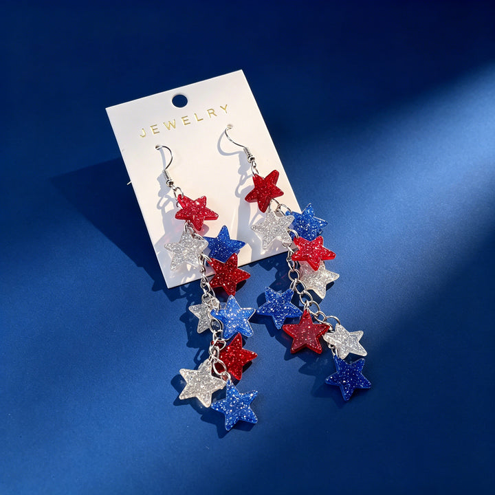 Women's nan patriotic triple-tier glitter star dangle earrings with fishhook wires Bowlift