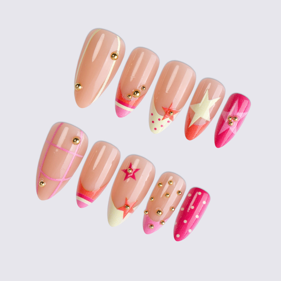 Artificial nail set with creative geometric patterns and sparkling accents Bowlift