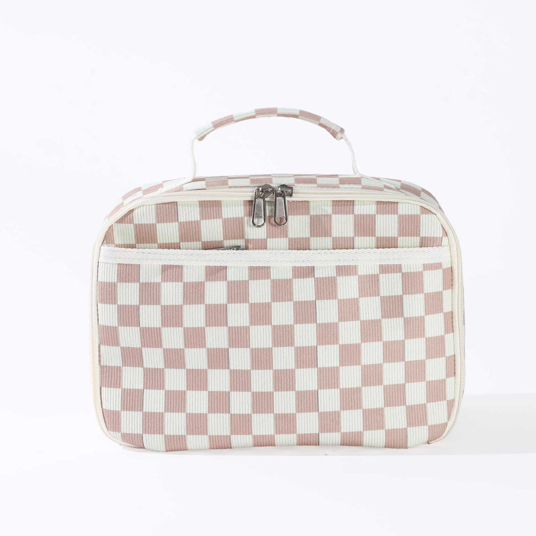 Insulated Checkerboard Lunch Tote with Top Handle and Front Zip Pocket Bowlift