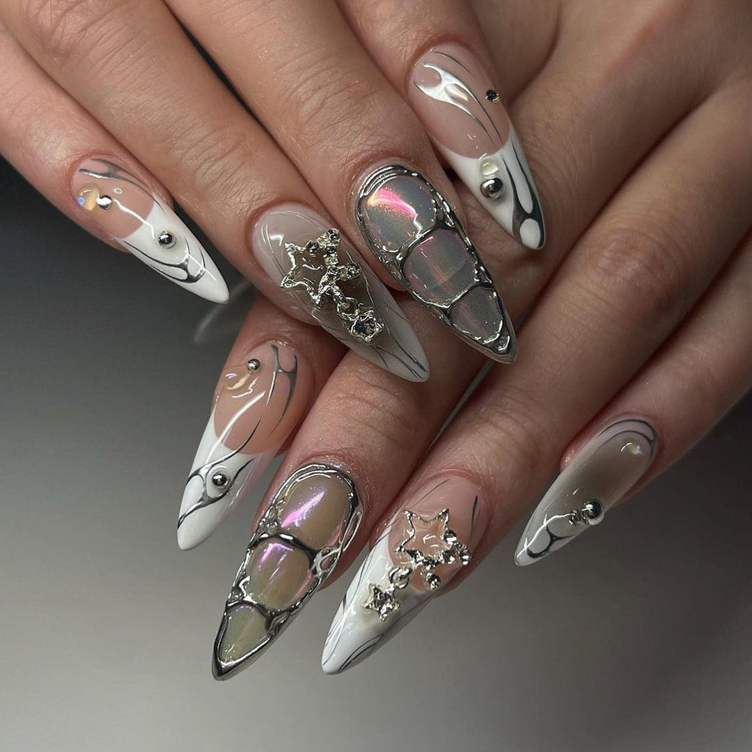 Artful Nail Extensions with Glitter and Pearl Decorations Bowlift