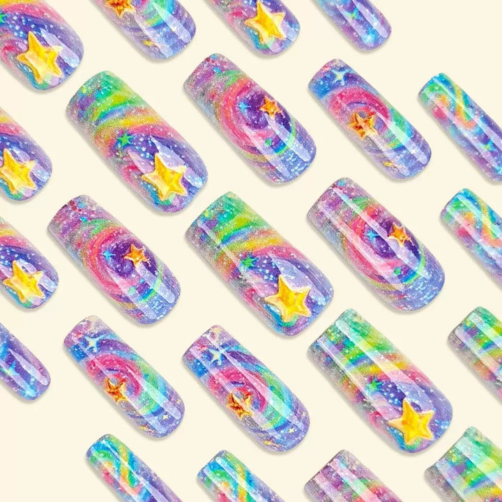 Glittering artificial nail set with colorful spiral design and star accents Bowlift