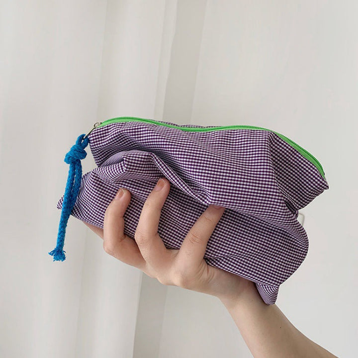 Checked Cotton Zip Pouch with Tassel Accent Bowlift