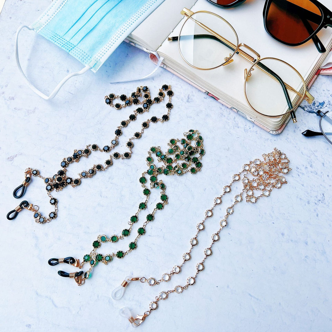Elegant Black Gemstone Eyewear Chain Bowlift