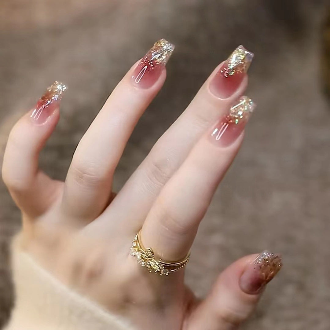 Stylish art false nails with heart design and glitter Bowlift