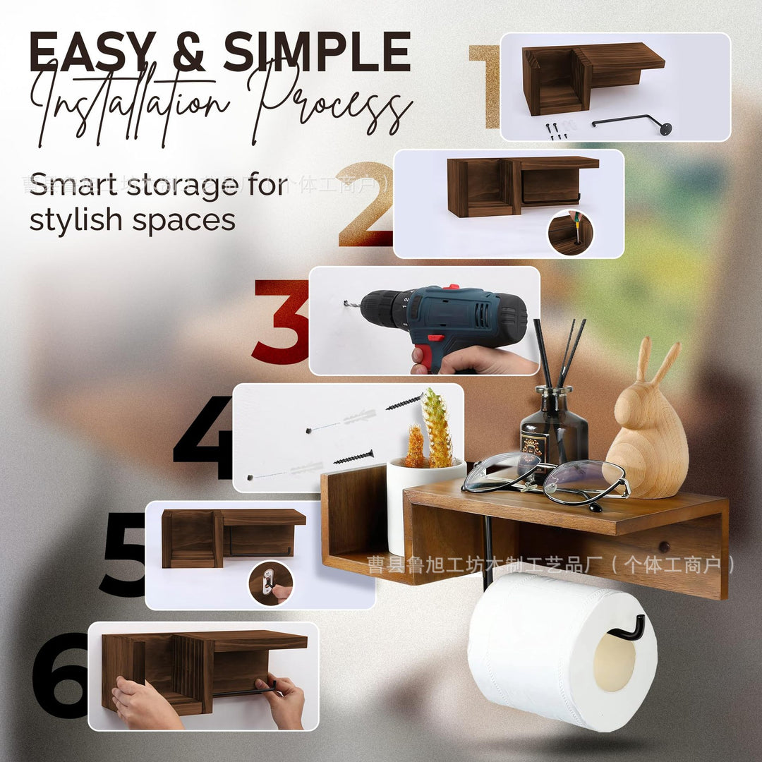 Wall-Mounted Wooden Toilet Paper Shelf Organizer with Metal Roll Holder and Storage Cubby Bowlift
