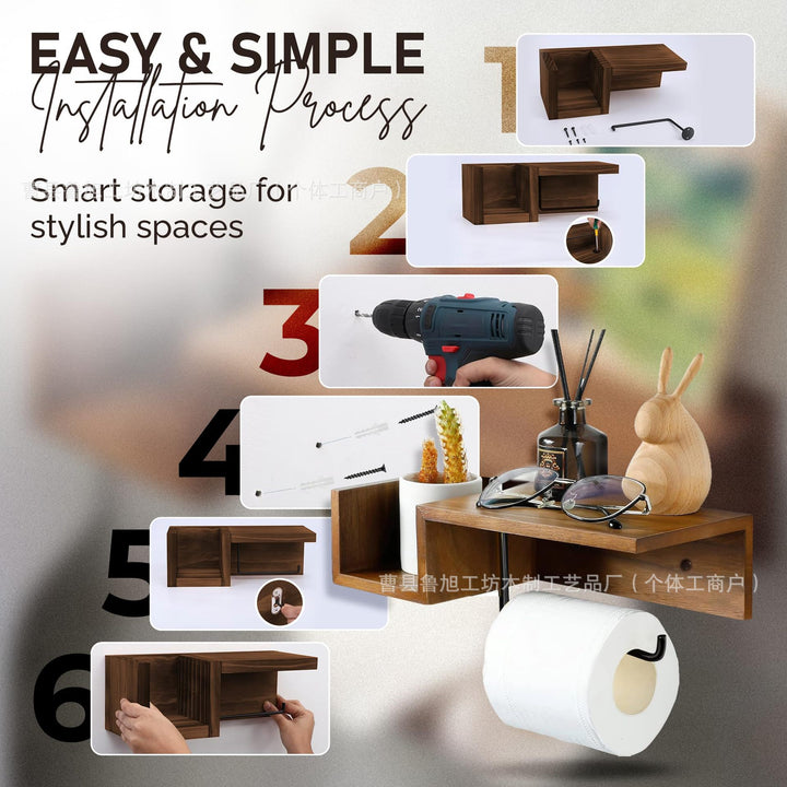 Wall-Mounted Wooden Toilet Paper Shelf Organizer with Metal Roll Holder and Storage Cubby Bowlift
