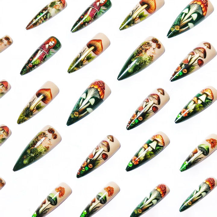 Creative artificial nails with playful fairy and mushroom design Bowlift