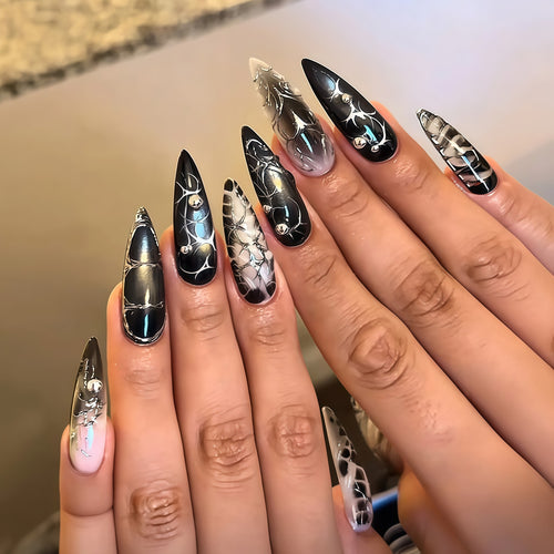 Elegant Stiletto Nail Art Extensions with Intricate Design Bowlift