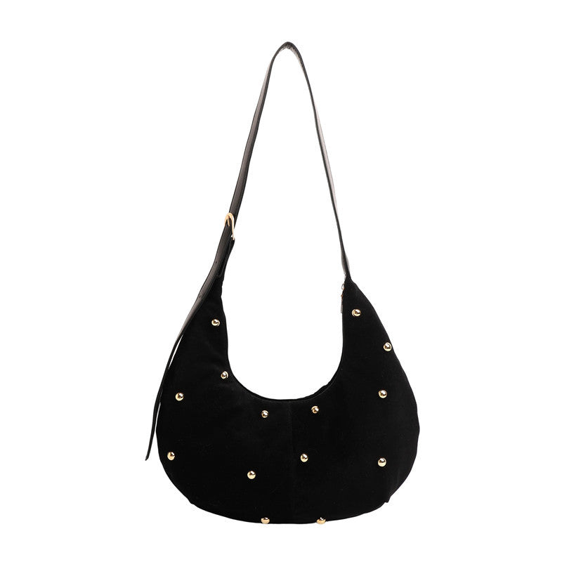 WoTextured Suede Hobo Bag with Decorative Studs Bowlift