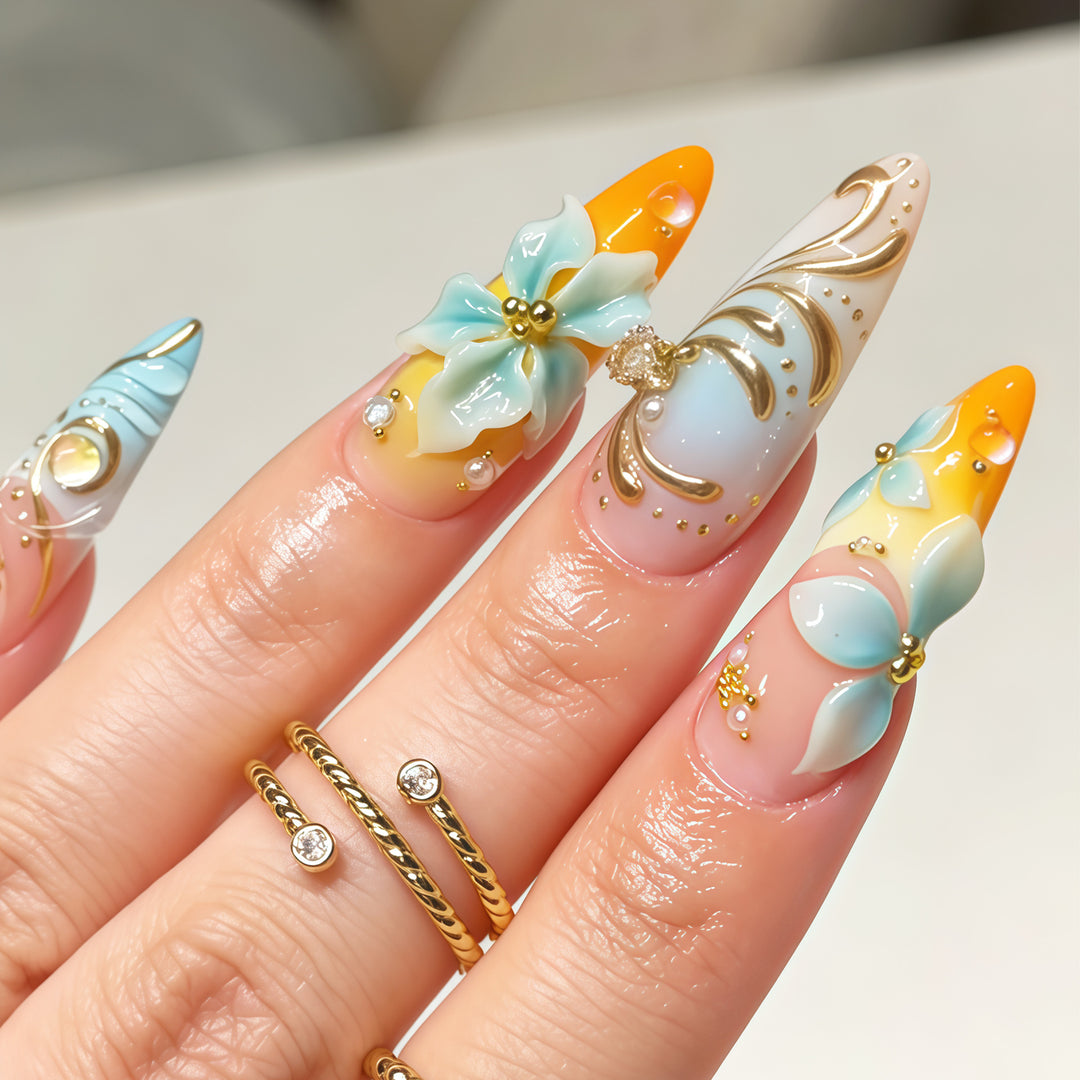 Floral Embellished Stiletto Nail Art Bowlift