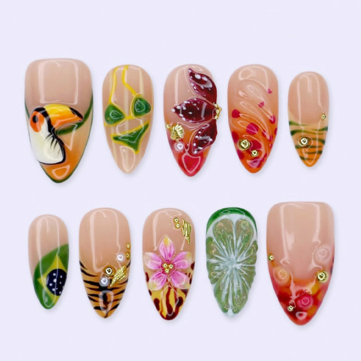 Artificial nail set with tropical motifs and elegant details Bowlift