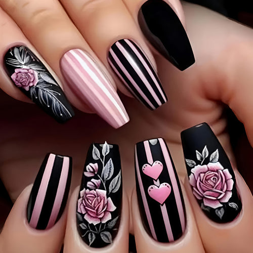 Artificial nails with romantic roses and heart designs Bowlift