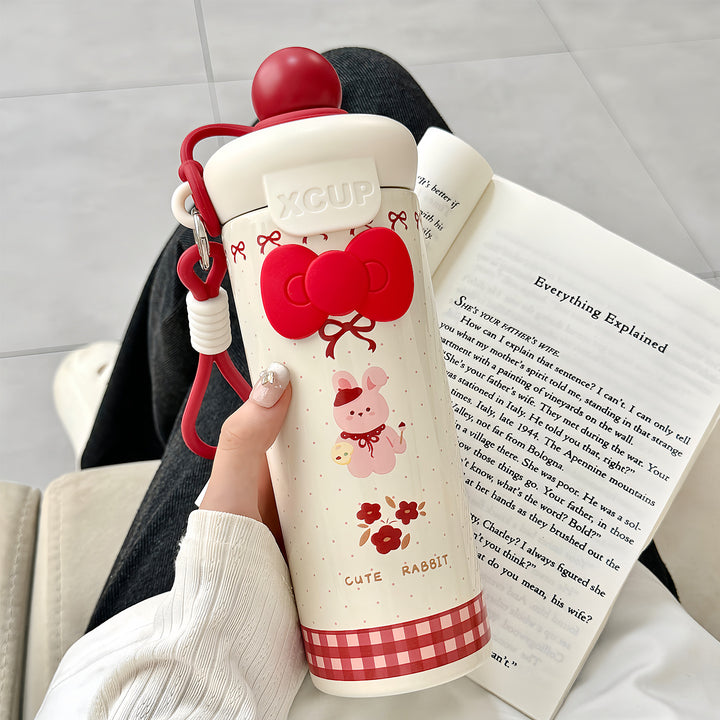 Women's water bottle with cute bunny design and integrated carabiner Bowlift