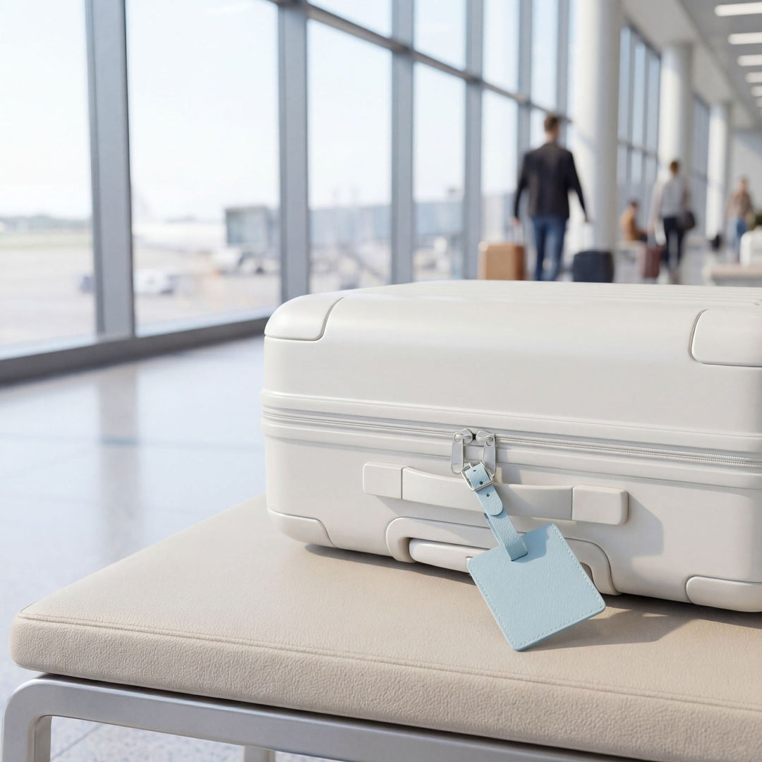 Premium leather luggage tag with adjustable buckle strap and protective ID card sleeve Bowlift