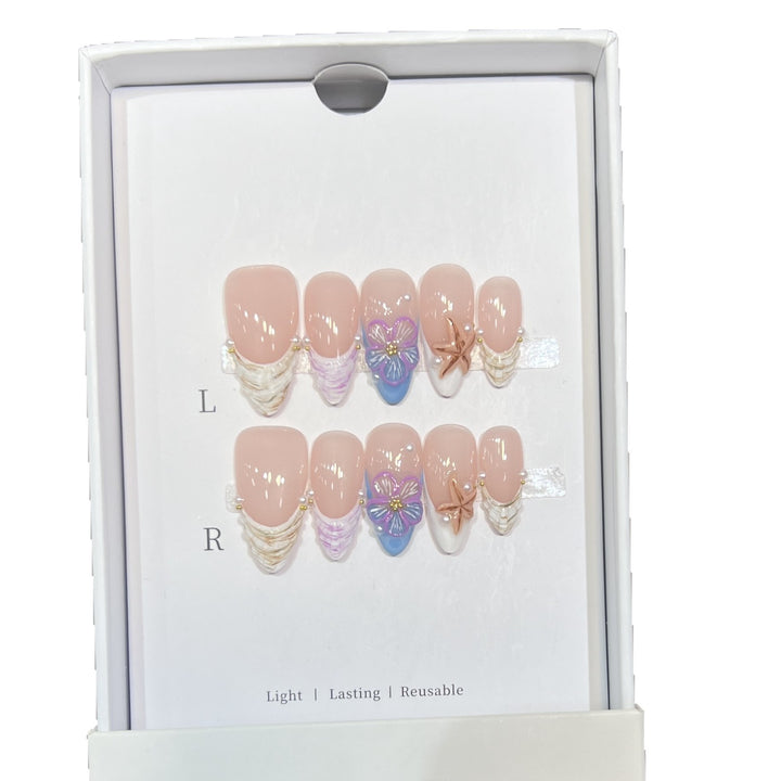 Artistic Press-On Nail Art Set with Floral and Starfish Design Bowlift