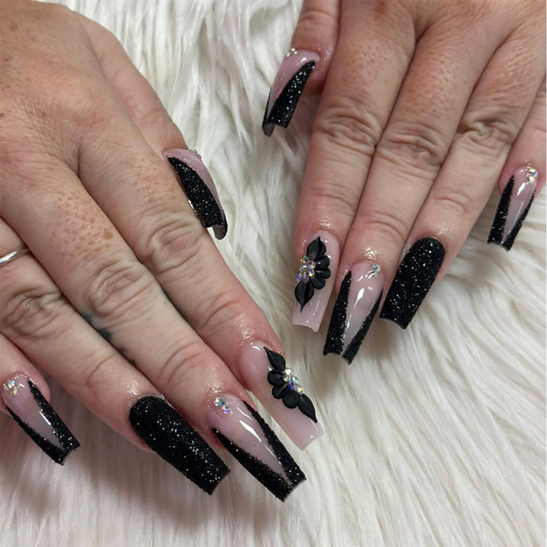 Glamorous Long Stiletto Press-On Nails with Glitter and Floral Accents Bowlift