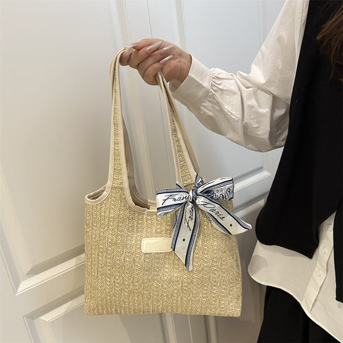 Textured Weave Tote Bag with Elegant Bow Bowlift