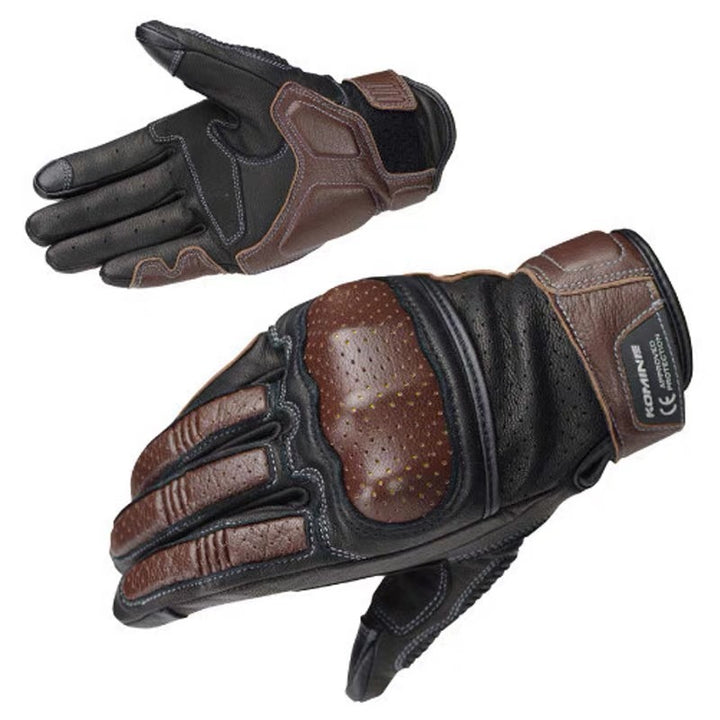 Perforated leather motorcycle gloves with reinforced knuckle armor and touchscreen fingertips Bowlift