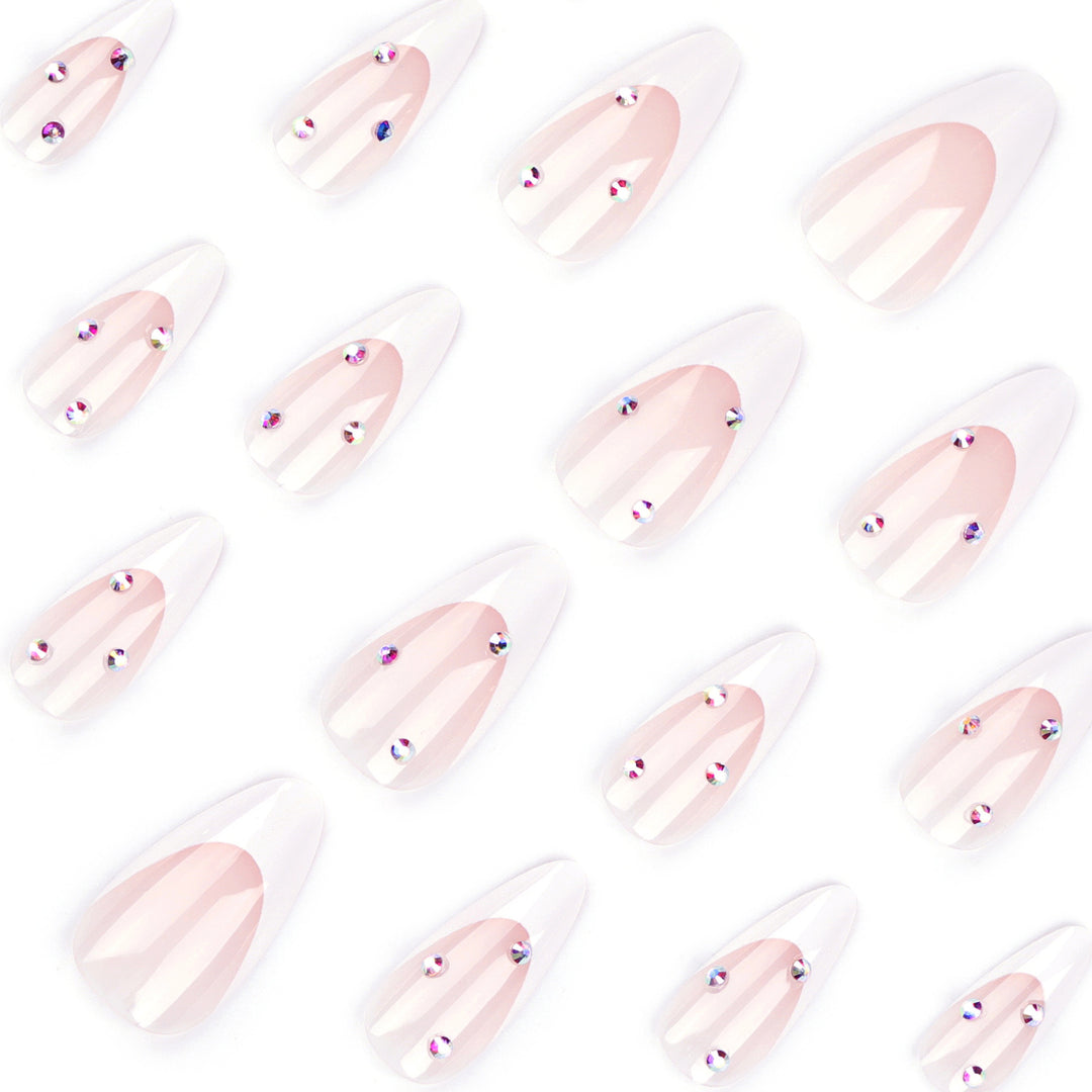 Elegant French Nail Art with Rhinestone Decorations Bowlift