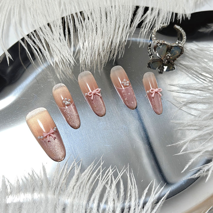 Elegant Artificial Nails with Delicate Gradients and Ribbons Bowlift