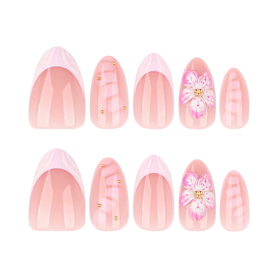 Artful Nail Extensions with Floral Design and Glitter Accents Bowlift
