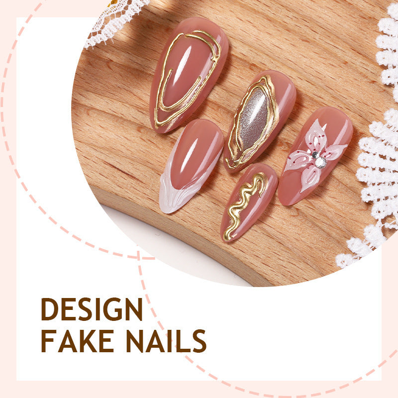 Artificial nail set with elegant blooming designs and golden accents Bowlift
