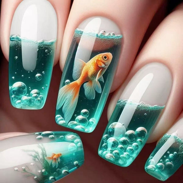 Artificial nails with 3D water drops and fish design Bowlift