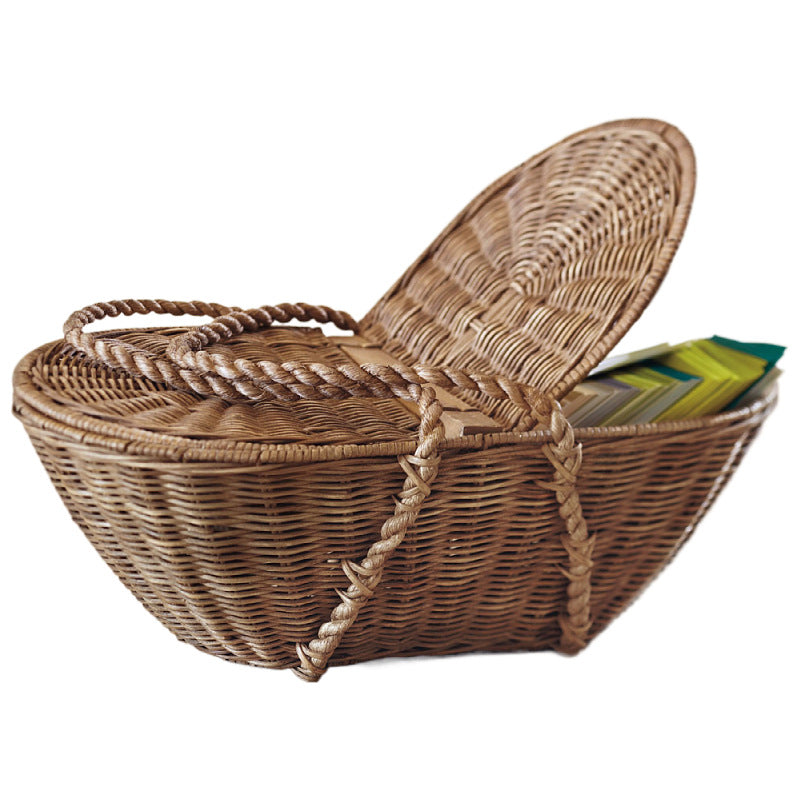 Practical storage basket with lid made of woven natural material Bowlift