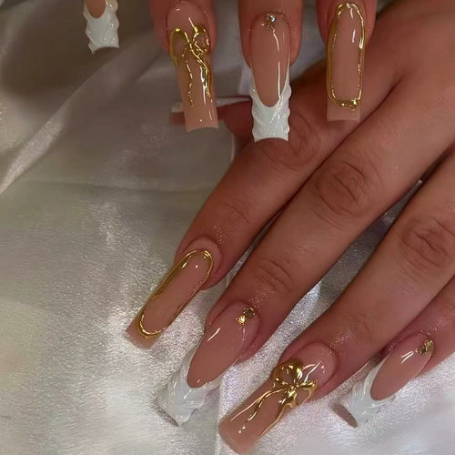 Artistic 3D Press-On Nail Set with Decorative Gold Accents Bowlift