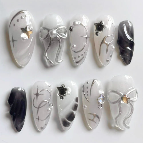 Creative Press-On Nail Art Set with Elegant Silver Accents Bowlift