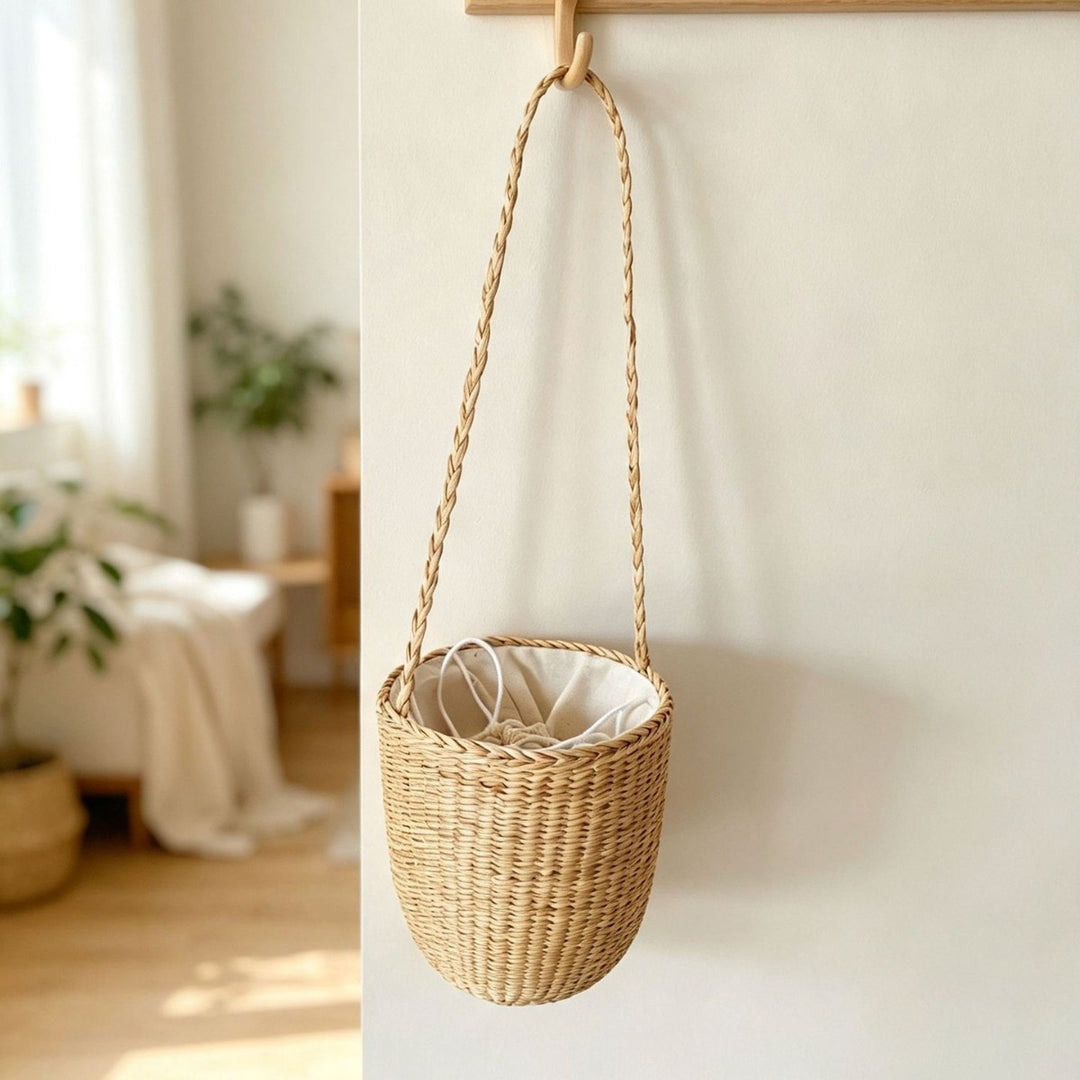 Handcrafted Natural Fiber Hanging Storage Basket Bowlift