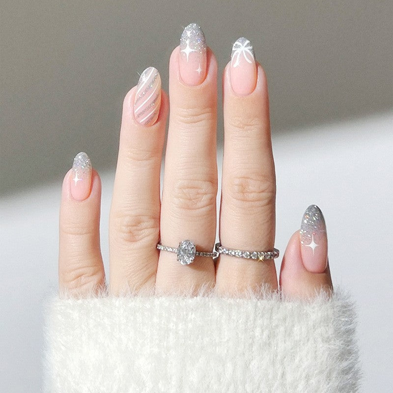 Decorative Press-On Nail Set with Glitter and Striped Design Bowlift