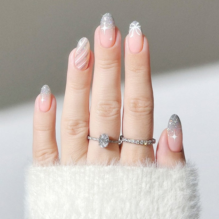 Decorative Press-On Nail Set with Glitter and Striped Design Bowlift