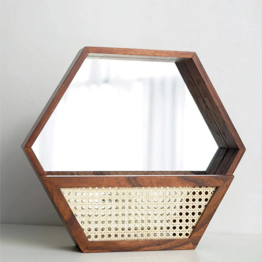 Rustic wall mirror with natural rattan frame Bowlift