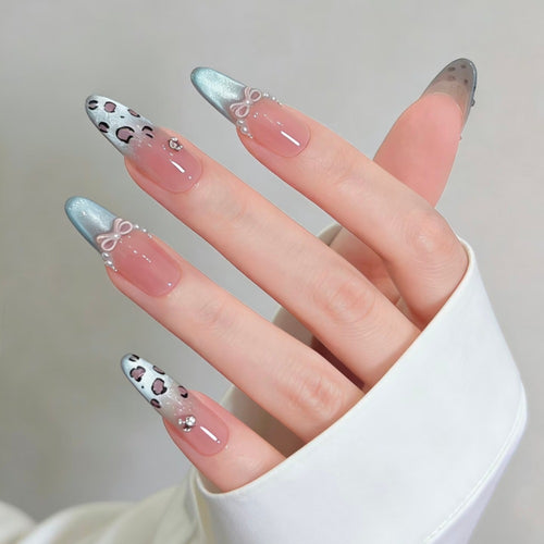 Elegant Stiletto Press-On Nail Set with Unique Floral and Ribbon Accents Bowlift