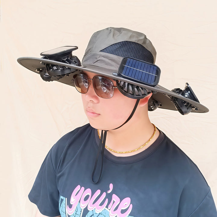 Wide-brimmed sun hat with detachable swivel solar fans and adjustable chin strap Bowlift