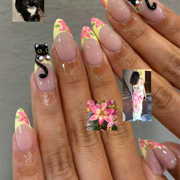 Artistic Cat-Themed Press-On Nail Tips Bowlift