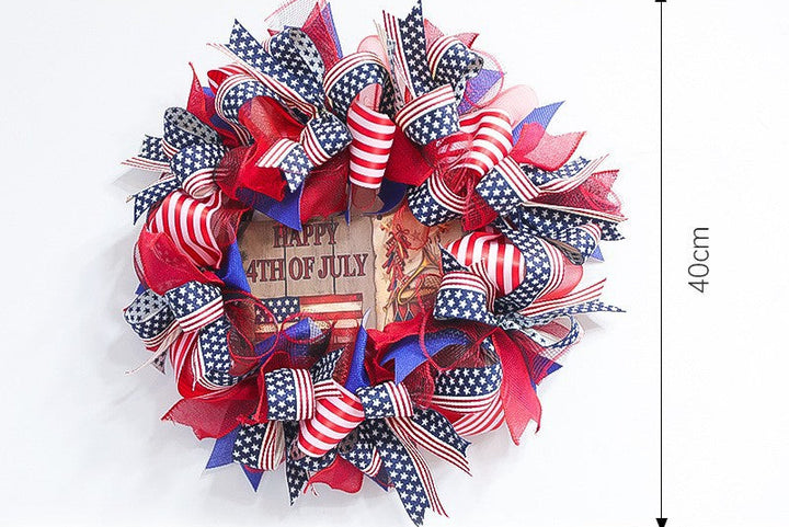 Unisex nan patriotic Americana fabric and wood door wreath with ribbon bows Bowlift