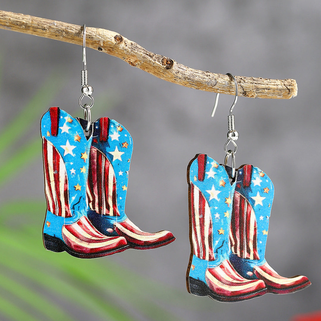 Ladies nan cowboy boots earrings with flag pattern made of lightweight wood Bowlift