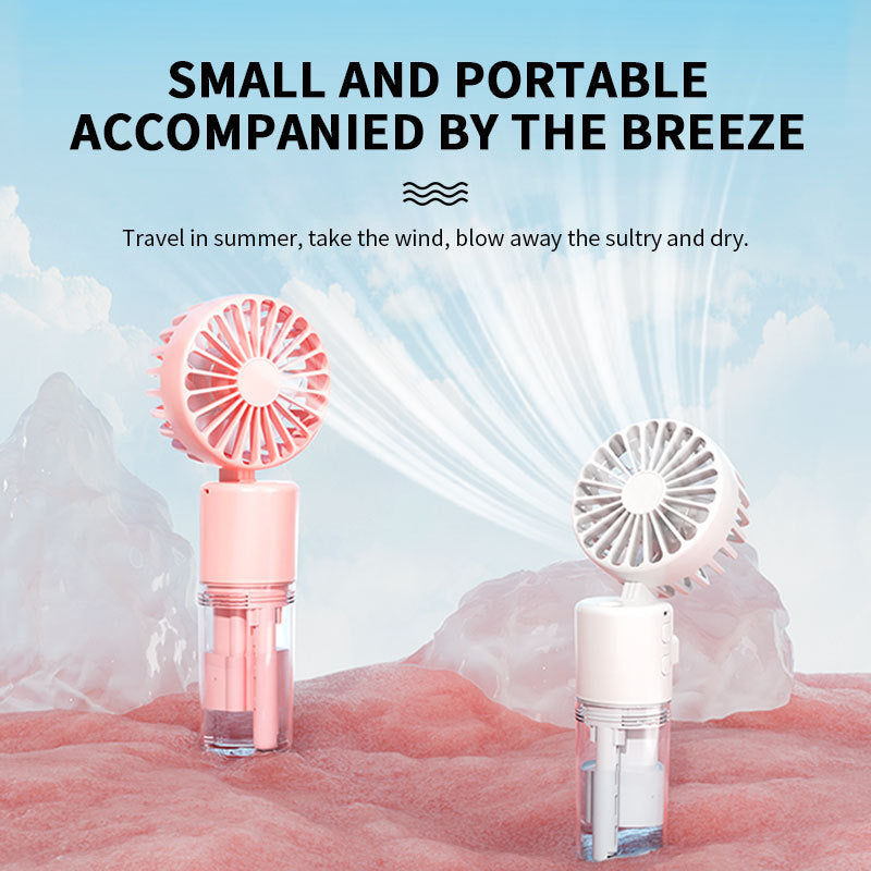 Cooling compact rechargeable folding misting handheld fan with transparent water reservoir detachable base and four speed brushless motor Bowlift