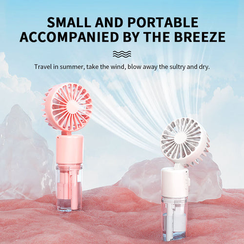 Cooling compact rechargeable folding misting handheld fan with transparent water reservoir detachable base and four speed brushless motor Bowlift