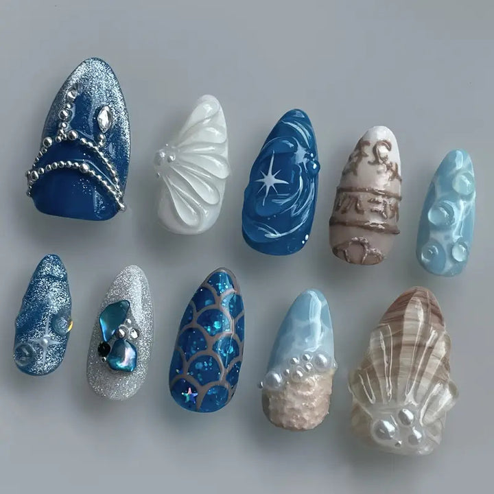 Artistic Ocean-Themed Press-On Nail Art Bowlift