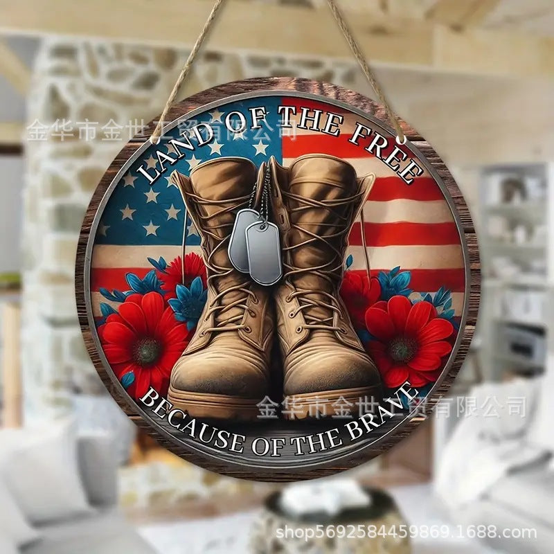 Independence Day rustic round wooden patriotic cross wall plaque with floral accents and God Bless America banner Bowlift