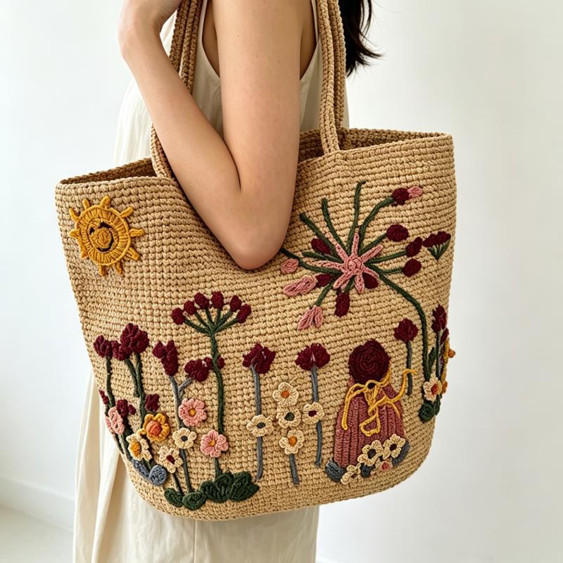 Handmade straw bag with floral embroidery design Bowlift