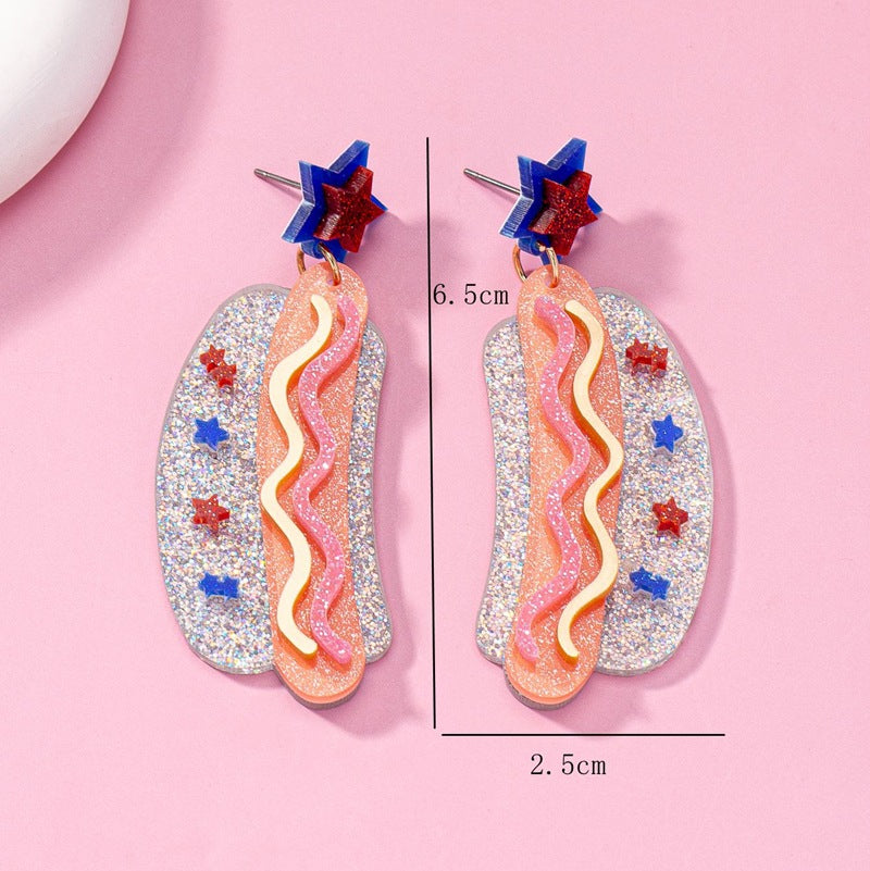 Women's nan novelty glitter hot dog dangle earrings with star stud Bowlift